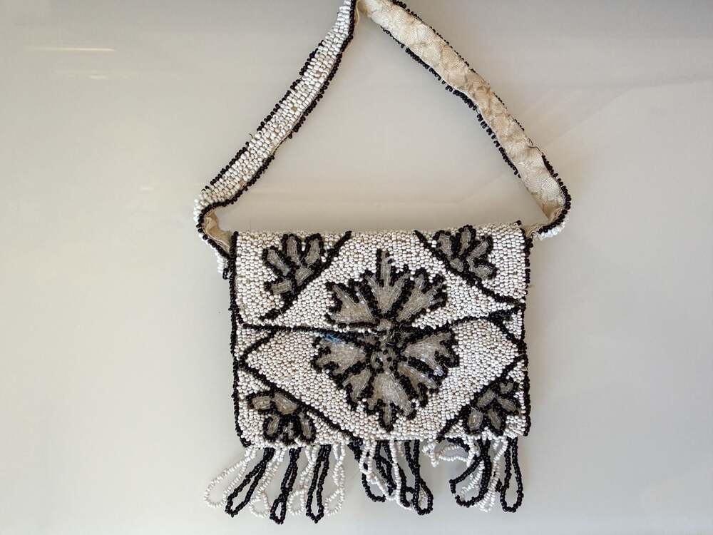 Vintage Art Deco Style Black and White Seed Bead Evening Purse with Fringe